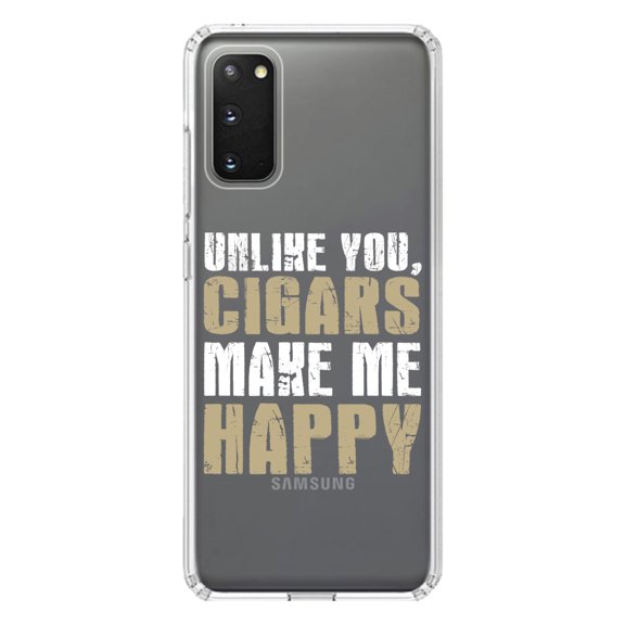 DistinctInk Clear Shockproof Hybrid Case for Galaxy S20 PLUS / 5G (6.7" Screen) - TPU Bumper Acrylic Back Tempered Glass Screen Protector - Unlike You, Cigars Make Me Happy