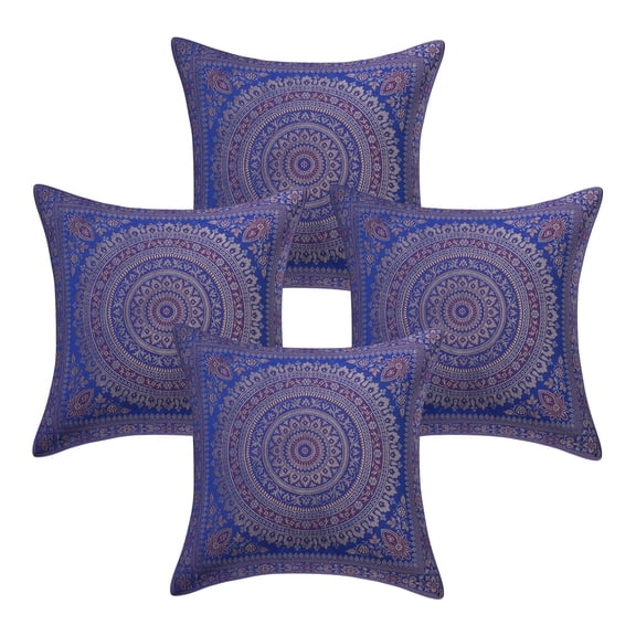 Stylo Culture Indian Brocade Decorative Throw Pillow Sham Covers Royal Blue 16 x 16 Traditional Jacquard Weave Gold Sofa Cushion Covers 40x40 cm Polydupion Silk Mandala Square Pillow Cases | Set Of 4
