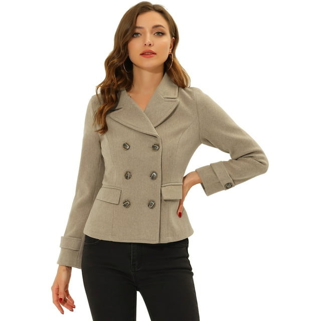 INSPIRE CHIC Women's Winter Worsted Notched Lapel Double Breasted Short Peacoat Light Brown M