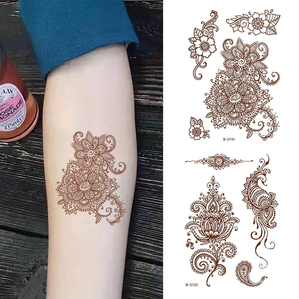 Henna Tattoo Sticker Temporary Brown Henna Chest Hand Lace Henna Mandala  Flash Tattoos Sticker Body Art Arm Fake Tatoo Women Men 