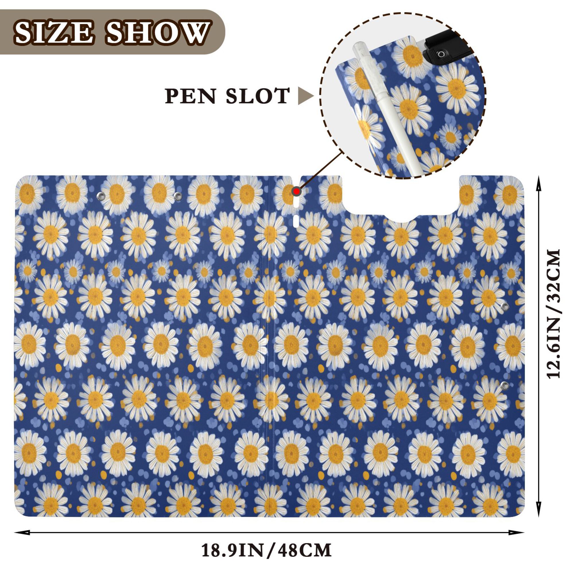 FORMRS A4 Clipboard Folder with Pen Holder Horizontal Foldable School Office Binder, Elegant Daisy Pattern