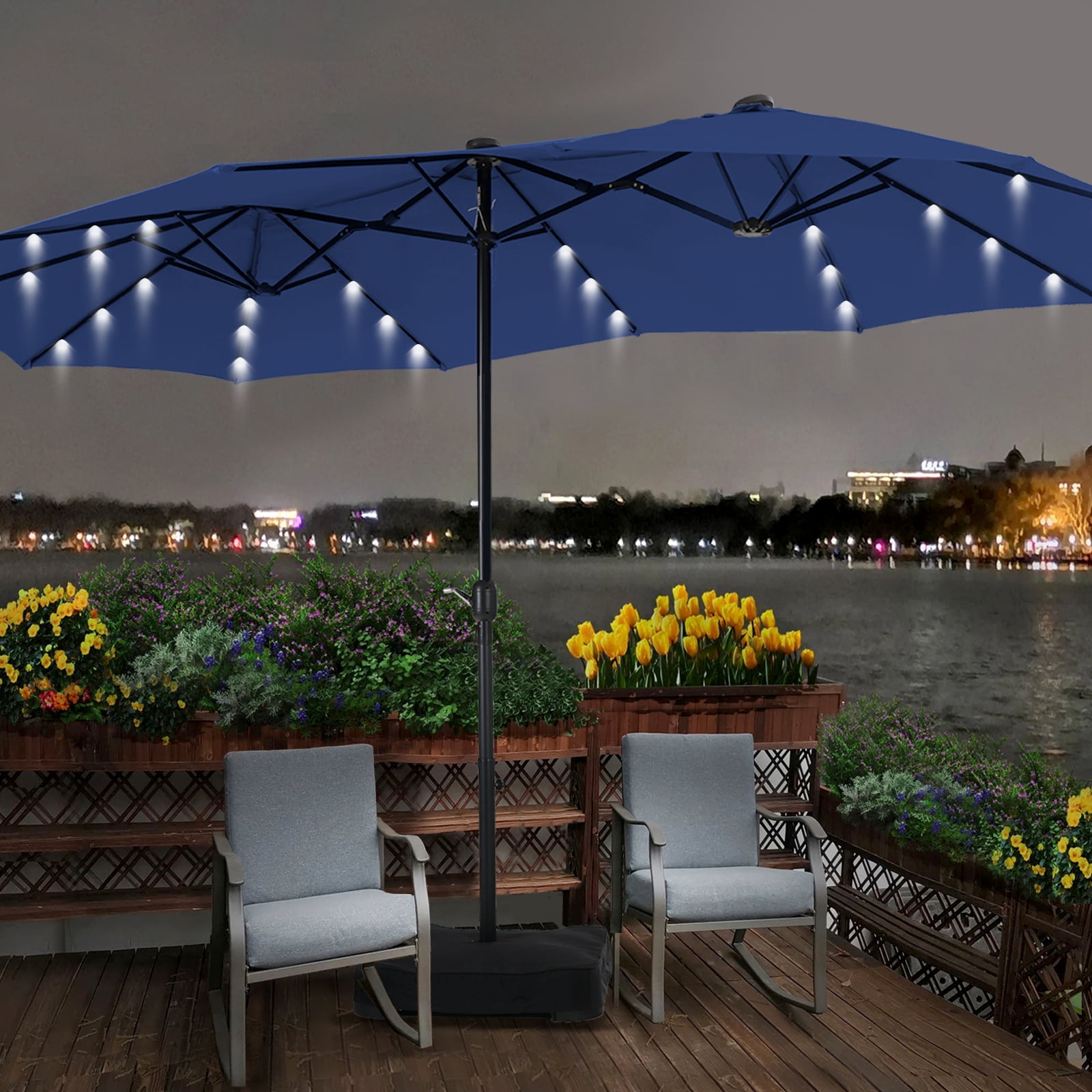 MF Studio 15ft Double-Sided Solar Patio Umbrella with Base Large Outdoor  Table Umbrella with Crank Handle and 36 pcs LED lights, Navy Blue -  Walmart.com