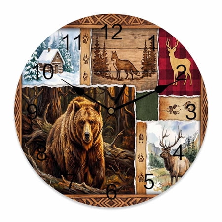 Wall Clock Deer Fox Bear Clocks PVC Silent Non-Ticking Battery Operated Decorative Wild Animals Woodland Round Clock for Home Living Room Kitchen Bedroom Office School Wall Decor 14 Inch