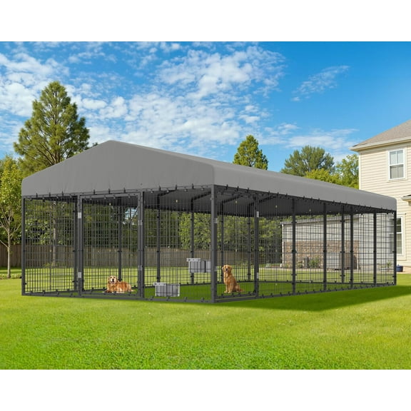 Jocisland 10x20x6.5 ft Large Outdoor Dog Kennel, Flexible 2 Door Design & Waterproof Roof, Heavy Duty Steel Frame Pet Cage with Reinforced Mesh