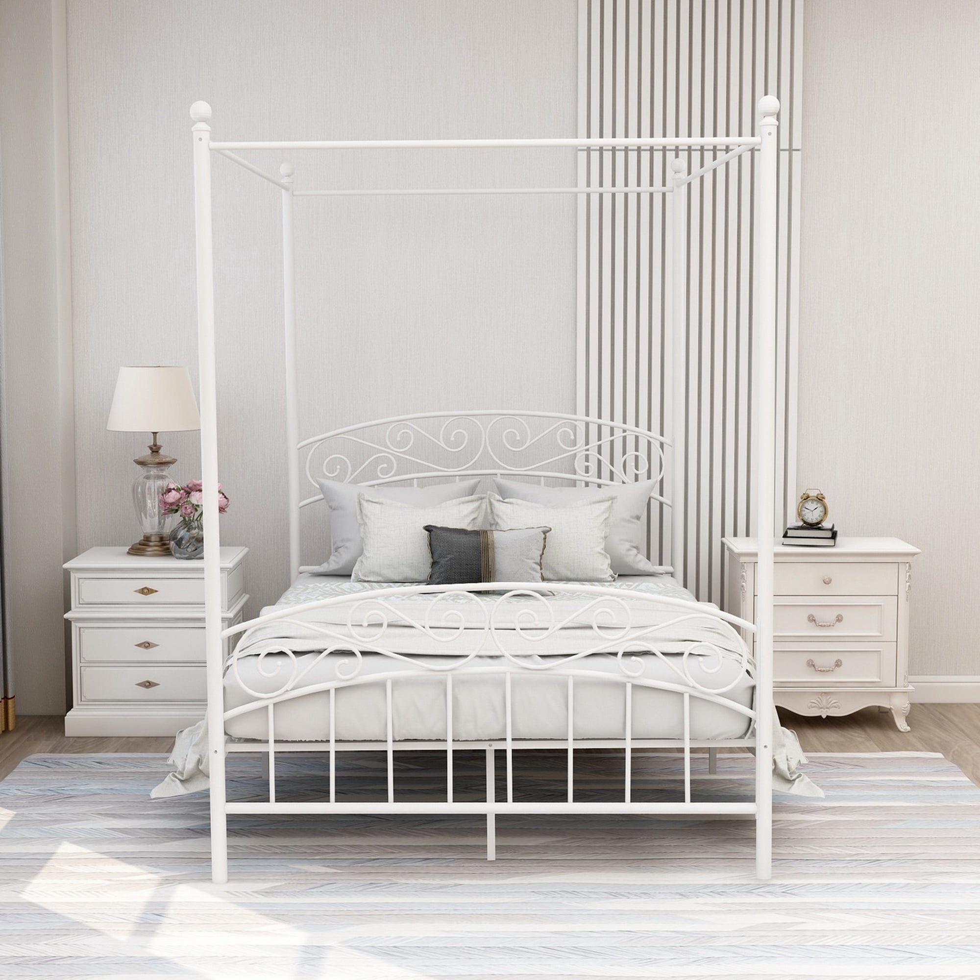 AUFANK Classic Full Size Metal Canopy Bed Frame, Easy Assembly, White