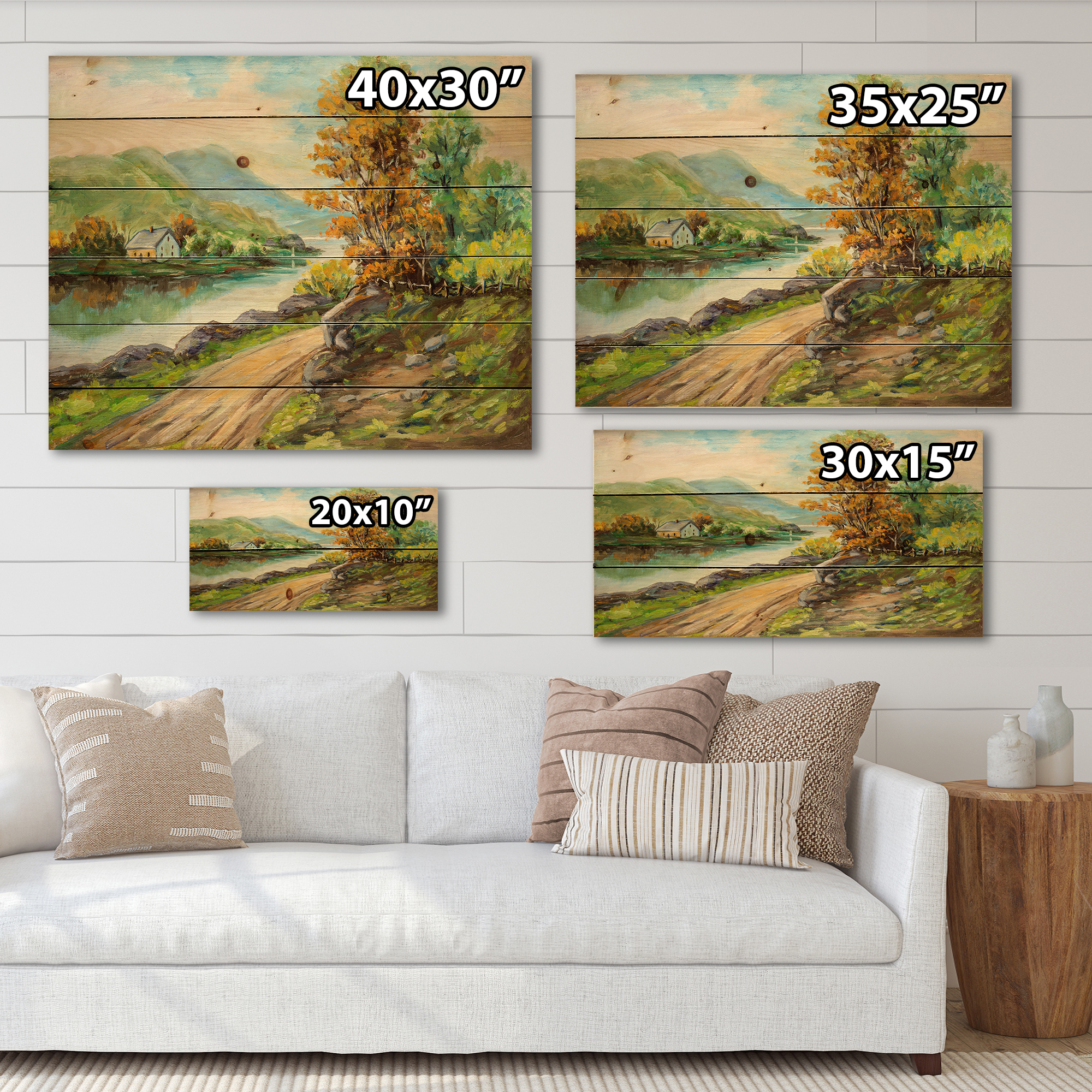 Designart 'The River By The Rural Road' Traditional Print on Natural Pine Wood