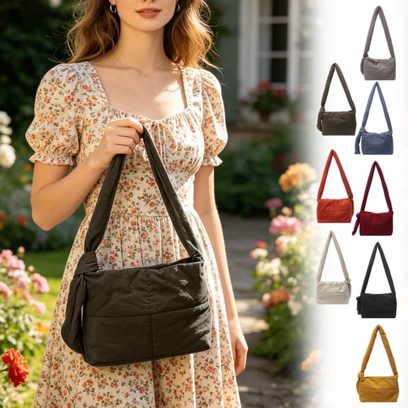 AYktou Crossbody Bag for Women, Padded Messenger Bag Solid Color Puffy Shoulder Bag Nylon Quilted Tote Bag Large Capacity Commute Travel Sling Bag for Outing Shopping Strolling