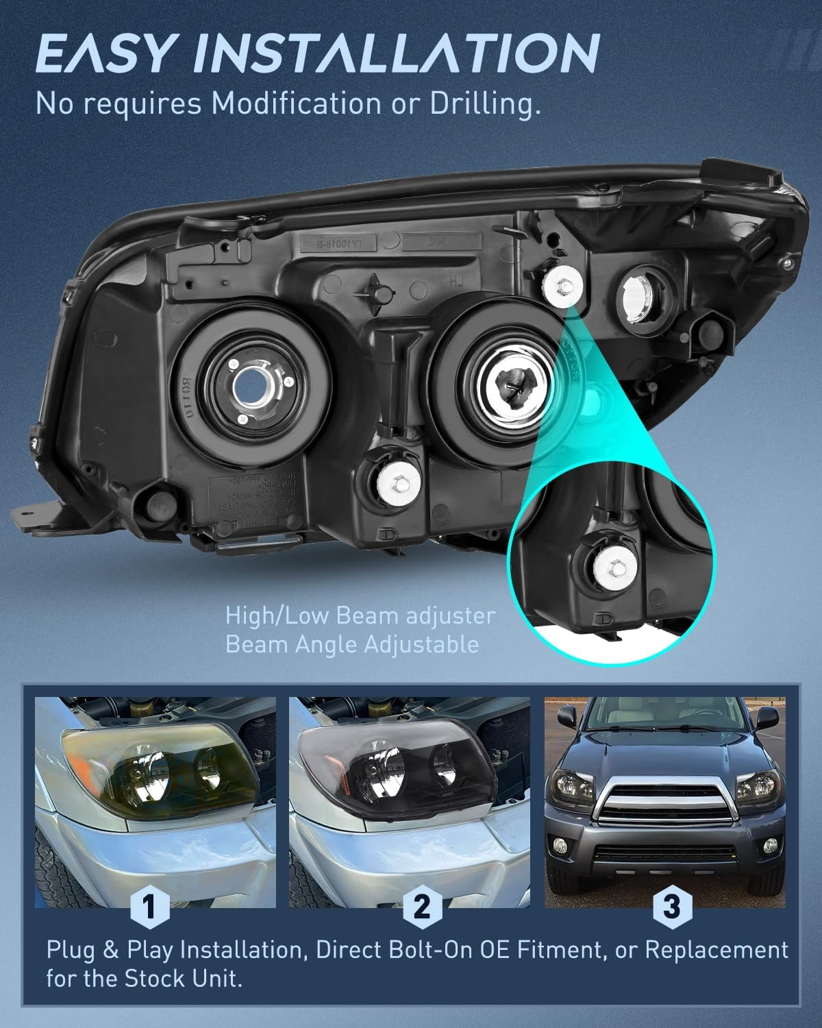Nilight Headlights Assembly for Toyota 4Runner 2006 2007 2008 2009 Headlamp Black Housing Amber Reflector
