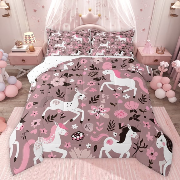 Castle Fairy Kids Teens Kawaii Unicorn Twin Comforter Sets,Chic Floral Flowers Bedding Set