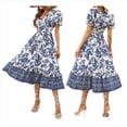 thumbnail image 1 of Vestido Informal, Fluido, con Estampado Floral Bohemio y Mangas Abullonadas para Mujer (Verano 2025) Azul L, 1 of 7