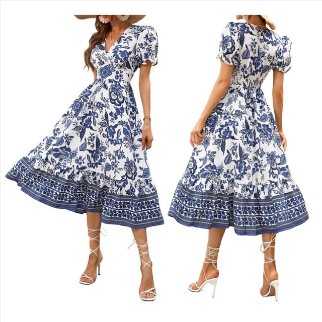 Vestido Informal, Fluido, con Estampado Floral Bohemio y Mangas Abullonadas para Mujer (Verano 2025) Azul L