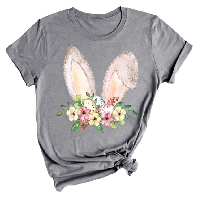 Outfmvch Chemises de Pâques pour Femmes, Chandails en Molleton à Col Rond pour Femmes, Chemises à Manches Courtes pour Femmes, Hauts de Sortie pour Femmes, Imprimé Floral de Pâques Lapin Col Rond Manches Courtes, T-Shirts Graphiques pour Femmes Gris 3 3TG
