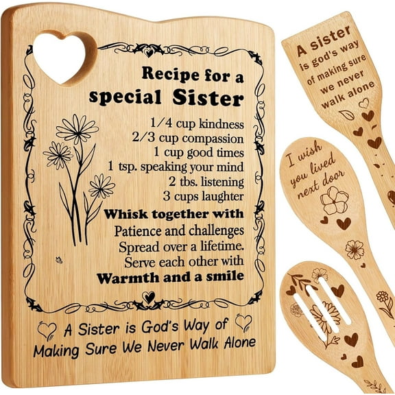 Sister Gifts from Sister, Sister Birthday Gift Ideas, Best Friendship Gifts for Sister, Cutting Board with Utensil Set Present for Sister, Inspirational Quote