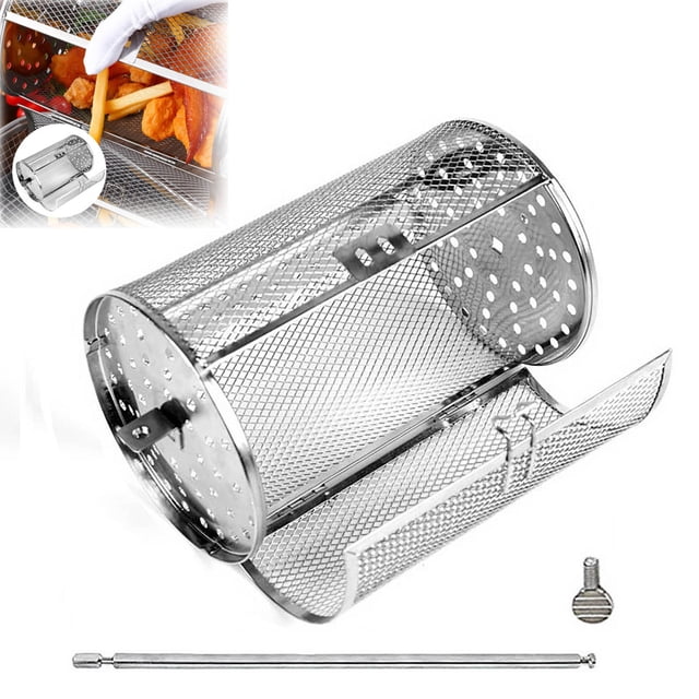 Cesta giratoria de acero inoxidable | Jaula de barbacoa a 360 grados para alitas de pollo, carne, verduras | Malla 304 de grado alimentario con placas reforzadas | Incluye tornillo y eje de 28 cm