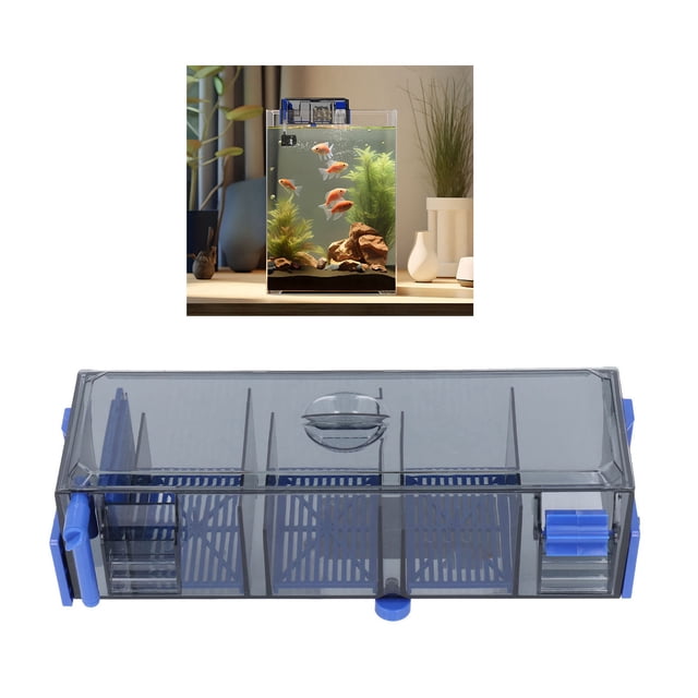 filtro de potencia para acuario, filtro compacto y eficaz para pecera para el hogar montaje en pared tipo cascada; frontal de filtro rectangular de plástico ahumado con tapas y palancas azules, tres compartimentos con rejillas internas y ventilación superior, se acopla al borde del acuario según diseño y es adecuado para cuidado de peces.
