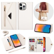 Feishell Crossbody Bag Wallet Case for iPhone 13 Pro Max,for Women Men,Luxury PU Leather Zipper Pocket Magnetic Buckle Flip Stand Card Slots Purse Phone Case with Shoulder & Wrist Strap,White
