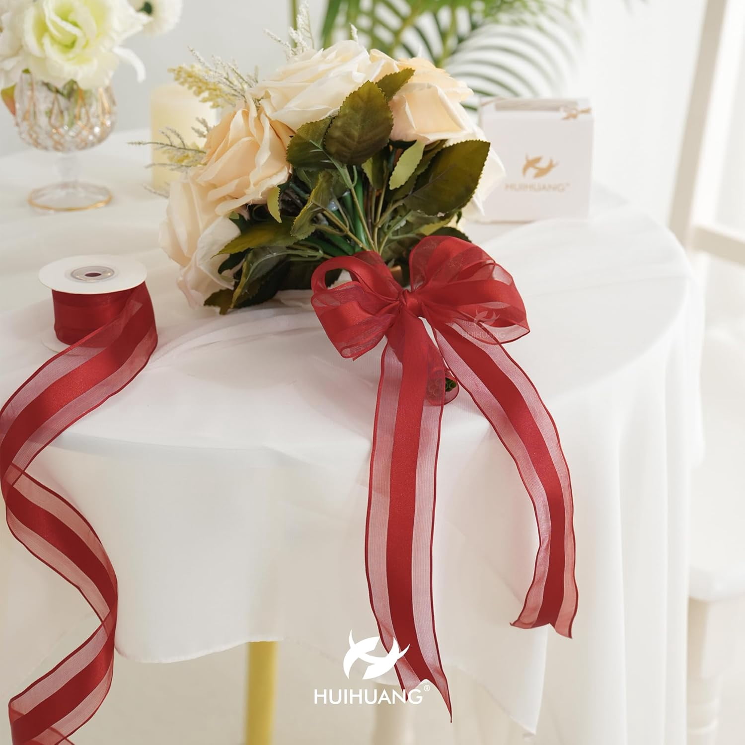 Red Sheer Wired Ribbon with Satin Stripe 1-1/2" Red Wired Ribbon for Christmas Tree, Bows Making, Wreaths, Garland, Gift Wrapping, Wedding Decorations-Continous 10 Yards