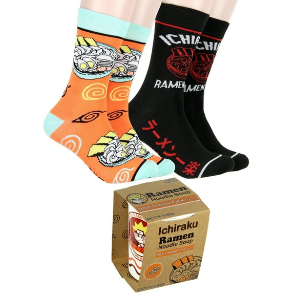 Naruto Shippuden Men's Ichiraku Ramen Noodle Soup Cup Gift Set 2 Pairs Of Mid-Calf Crew Socks