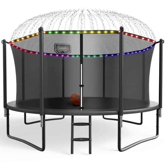 YORIN Trampoline, 1200LBS 12FT 14FT 15FT 16FT Trampoline for 4-5 Kids Adults with Enclosure Net, Basketball Hoop, Ladder, Light, Sprinkler, Outdoor Heavy Duty Round Trampoline