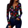 thumbnail image 4 of Valentine's Day Shirts for Women Long Sleeve Ribbed Knit Slim Fit Love Heart Graphic Stretchy Button Up Pullover Tops (XL, Black), 4 of 9