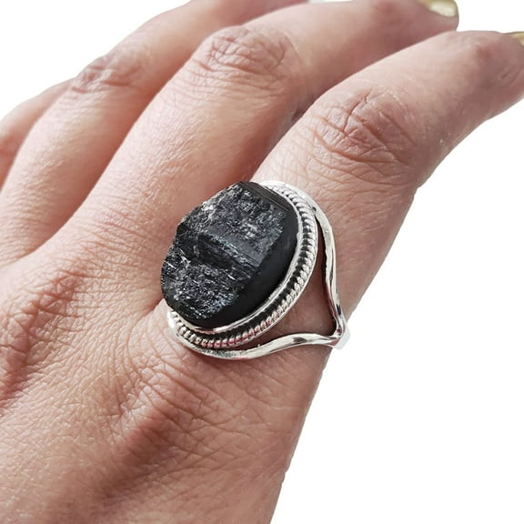 Natural Black Tourmaline Ring, Raw Black Tourmaline Ring, October Birthstone, Designer Band, 925 Sterling Silver, Womens Ring, Christmas, Thanksgiving, Handmade, Statement Jewelry, Gemstone Ring