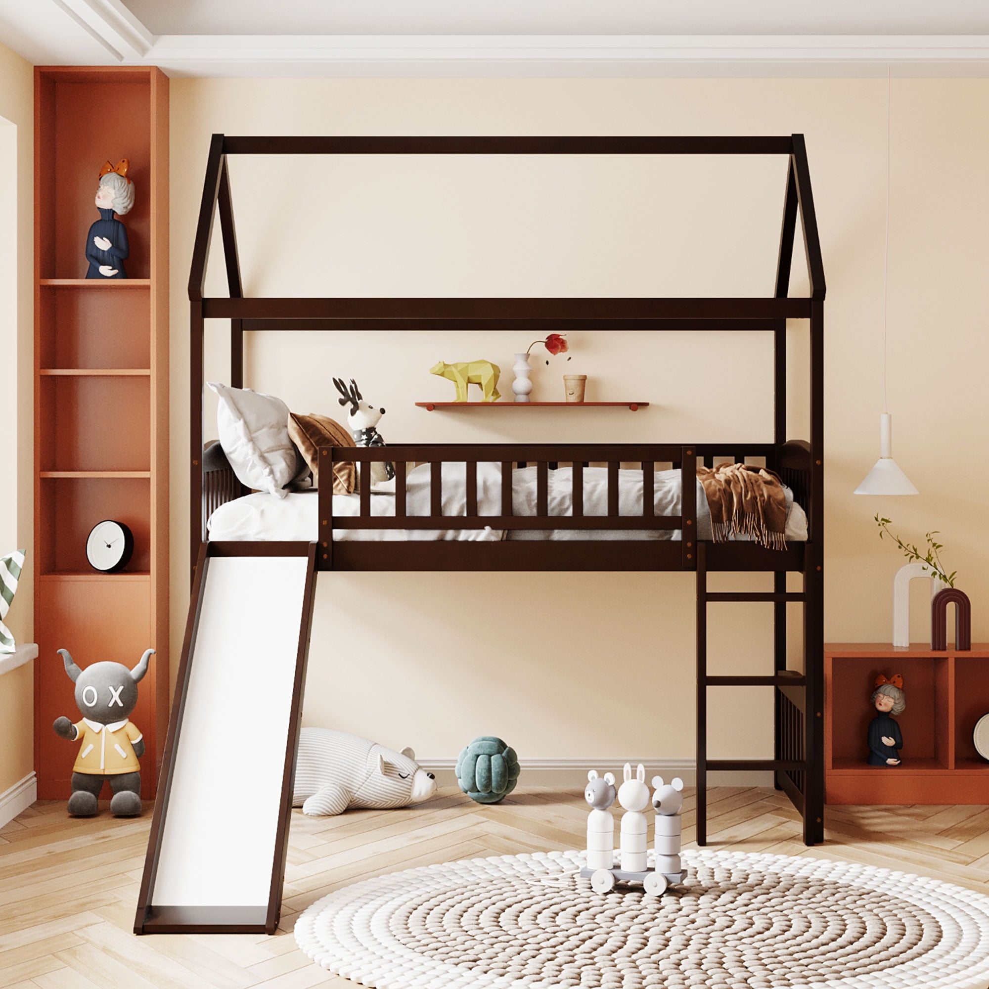 Aukfa Twin Loft Bed with Slide, House Bed with Headboard for Kids Teens Adults - Espresso