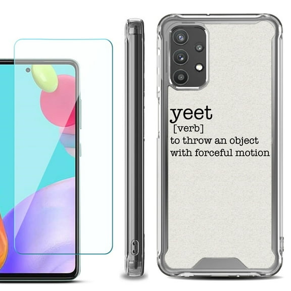Shockproof Bumper Phone Case for Samsung Galaxy A52 5G, with Tempered Glass Screen Protector, by OneToughShield ® - Dictionary/Yeet