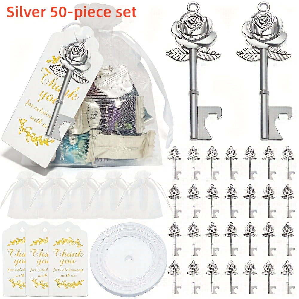 50PCS gold/silver Rose Flower Shaped Keys Wedding Favors Gift for Guest Bulk Skeleton Key Bottle Opener with Card and Chain for Rustic Party Bridal Showers Decorations