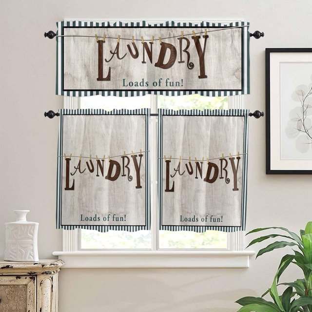 Loads of Fun Laundry Room 3 PCS Kitchen Curtain Valance and Tiers Set, Rod Pocket Small Half Tier Valances Window Curtains Panel, Rustic Wood Grain Strip 55"x24" (Set of 2 Tiers & Valance)