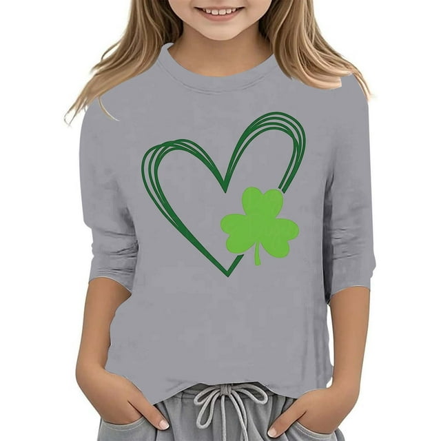 GPOECD T-Shirt de Jour pour Filles Graphique à la Mode Polyvalent Col Rond Manches 3/4 Décontracté Confortable Hauts pour Filles Gris,120