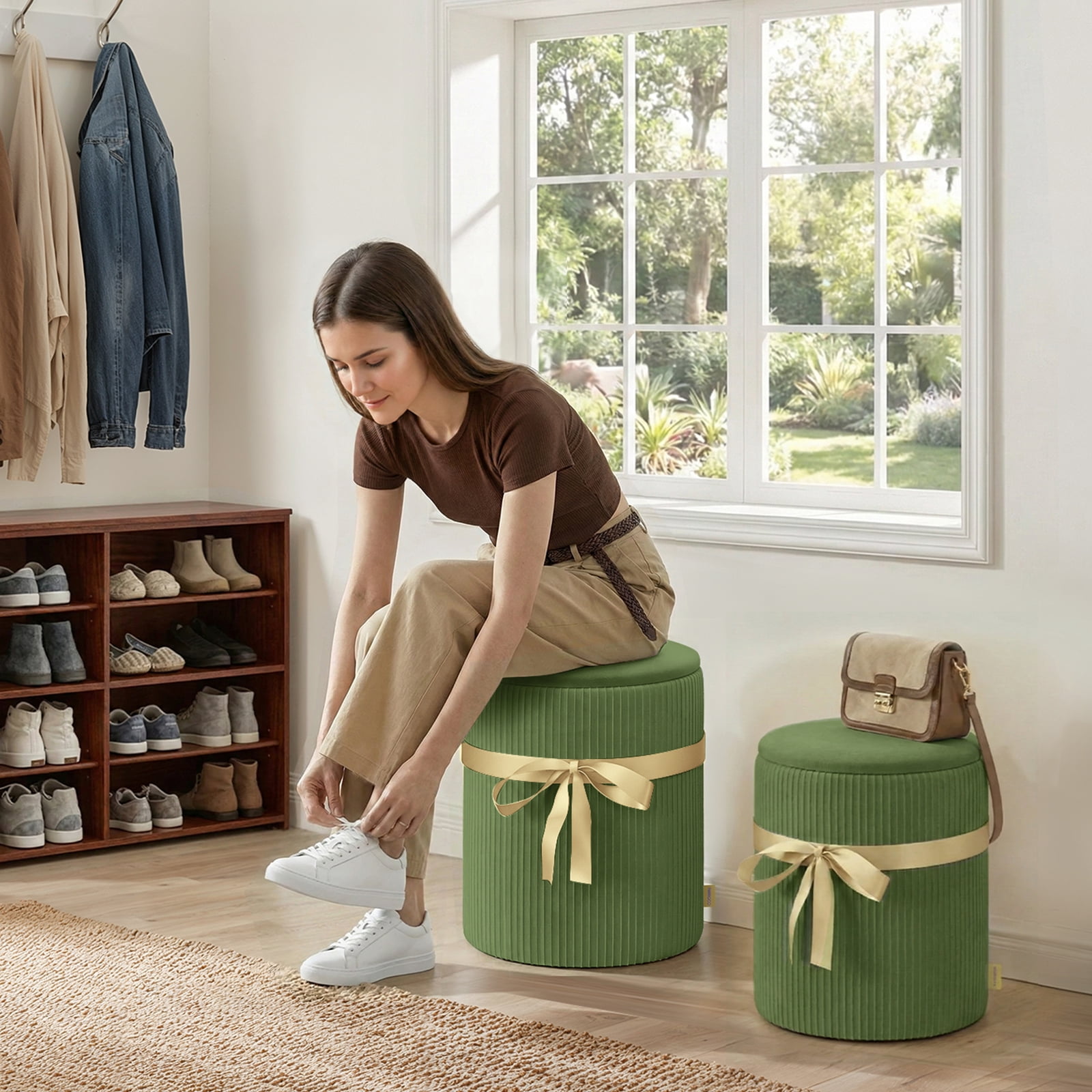 Pinmoco Corduroy Round Storage Ottoman Set of 2, Upholstered Vanity Stool, Foot Stool with Decorative Ribbon for Living Room Bedroom, Olive Green