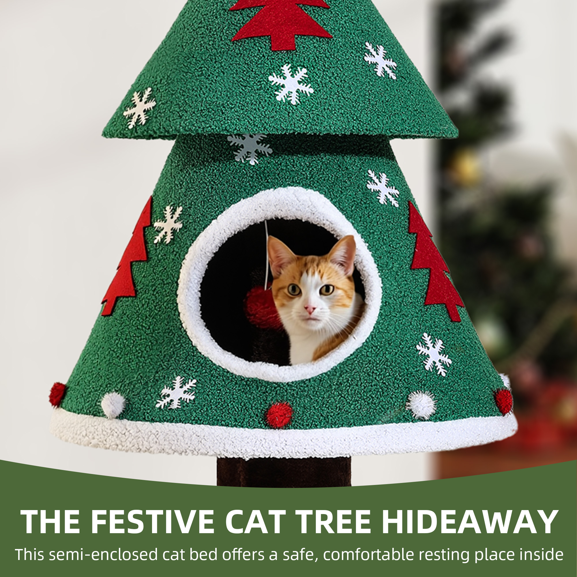 Uforic 47" Christmas Cat Tree Tower, Cat Condo with Teaser Ball, Green