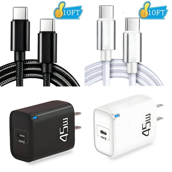 2Pack 45W USB C Wall Charger Super Fast Charger Type C,AlmosTen 45 Watt Usb C Phone Charger Android Charger Block for Samsung Charger Type C Super Fast Charging with Cable Cord 10 ft,Black White