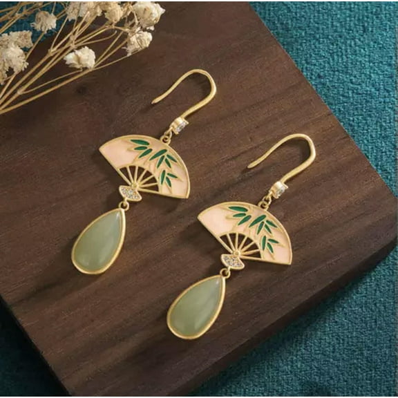 EOEMY Jade Drop Dangle Earrings Boho Ethnic Fan Ear Hook 18K Gold Plated Gemstone-Green