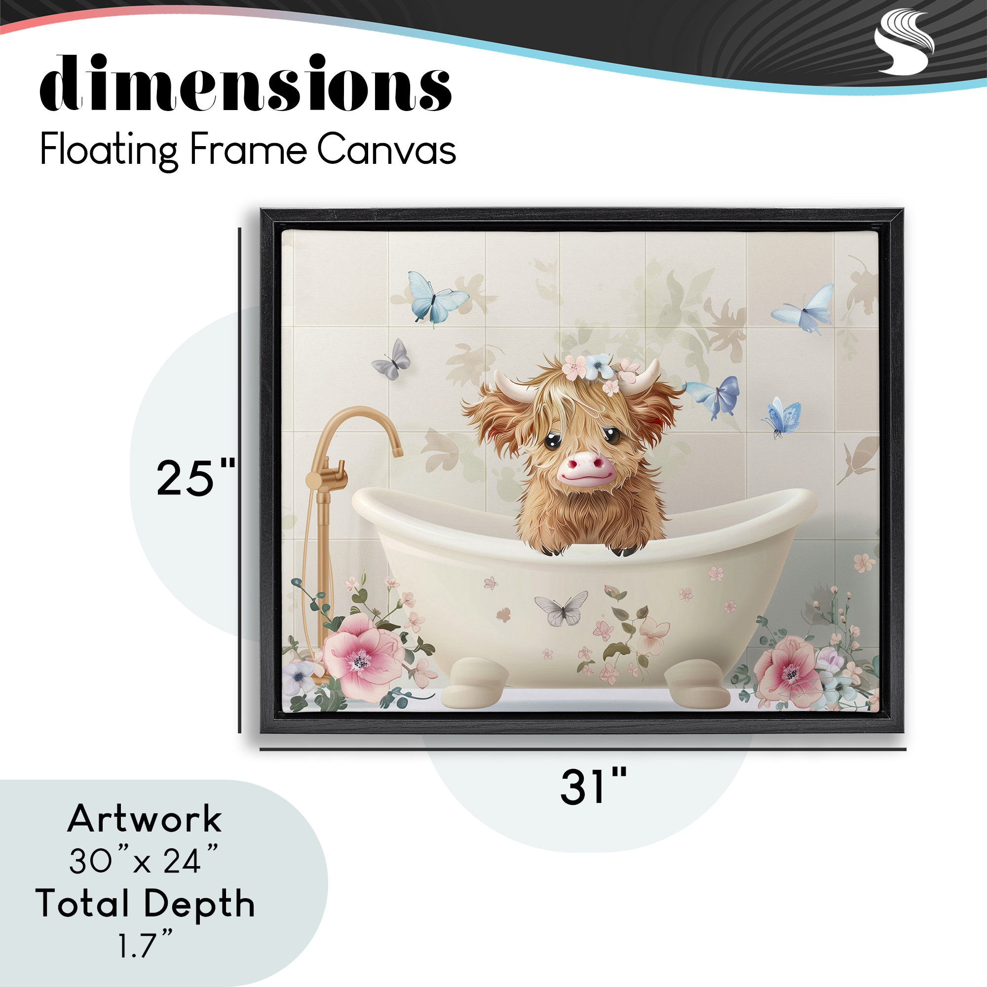 Baby Cattle in Floral Tub Black Framed Floater Canvas Wall Art, design by Shawna Stewart