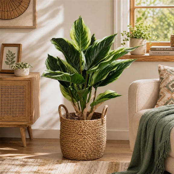 Artificial 15.75 Inch Dieffenbachia Cuttings with 14 Variegated Leaves, Realistic Faux Evergreen Greenery Stems for Home Office Tabletop Decoration