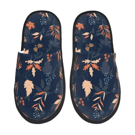 Balery Autumn Leaves With Blue Slient Indoor Furry Fleece Comfort House Shoes Soft Non-Slip Home Shoes Cotton slippers House Slippers-- Large