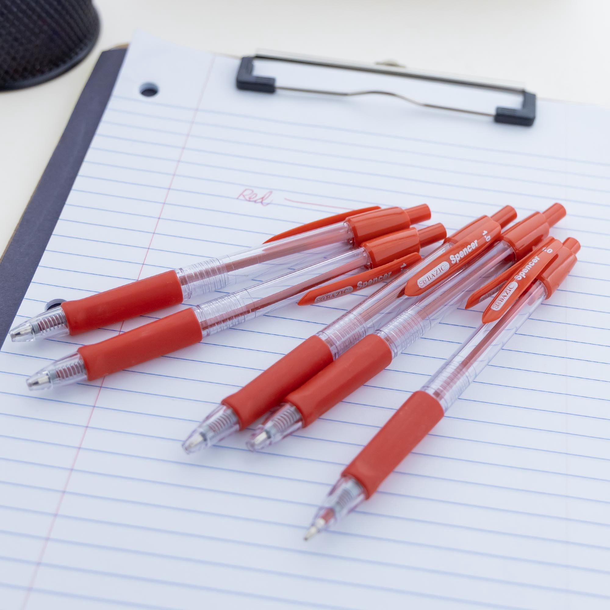BAZIC Spencer Red Retractable Pen w/ Cushion Grip (5/Pack) 1.0 mm, 24-Pack