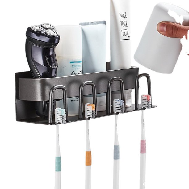 Soporte para cepillo de dientes de aluminio gris espacial con pistola sin perforaciones, soporte para cepillo de dientes eléctrico montado en la pared, almacenamiento de pasta de dientes, estante de JAMW Sencillez