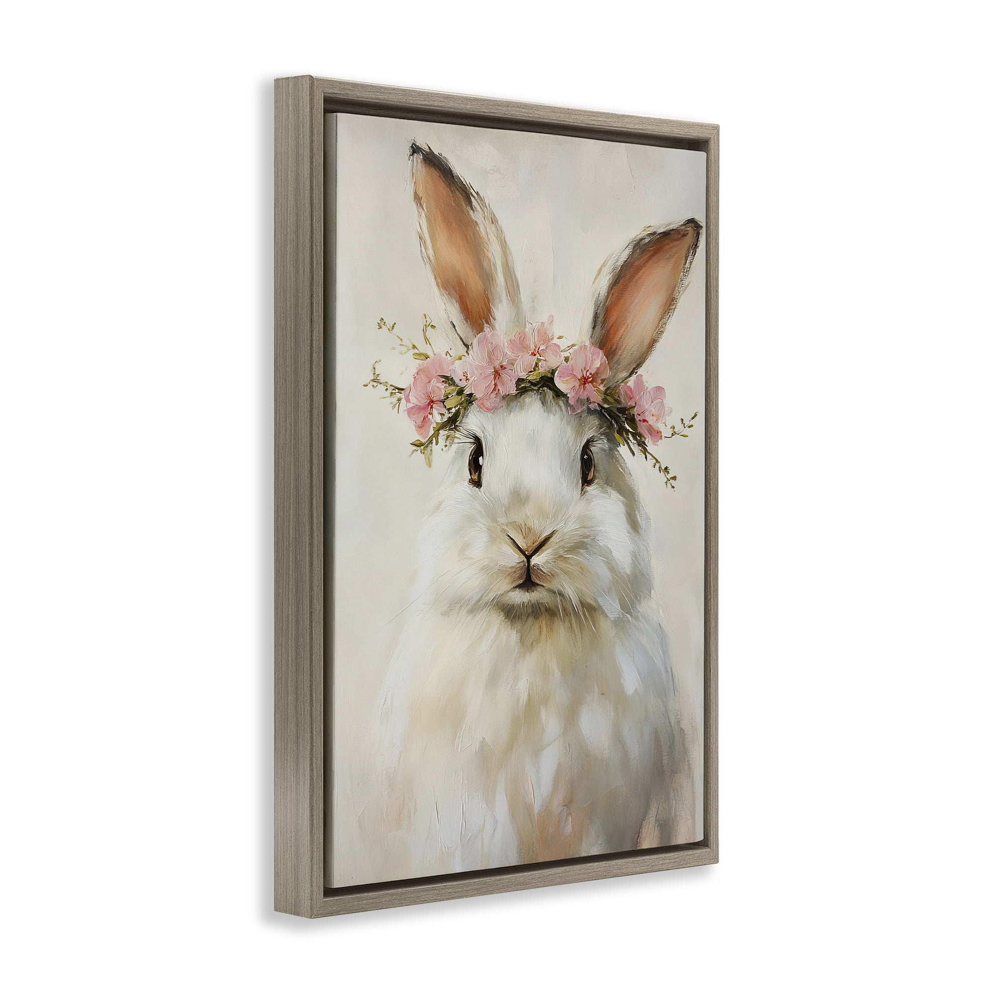 Stupell Industries Bunnykins with Pink Crown Brown Framed Floater Canvas Wall Art, design by Tina LeCour