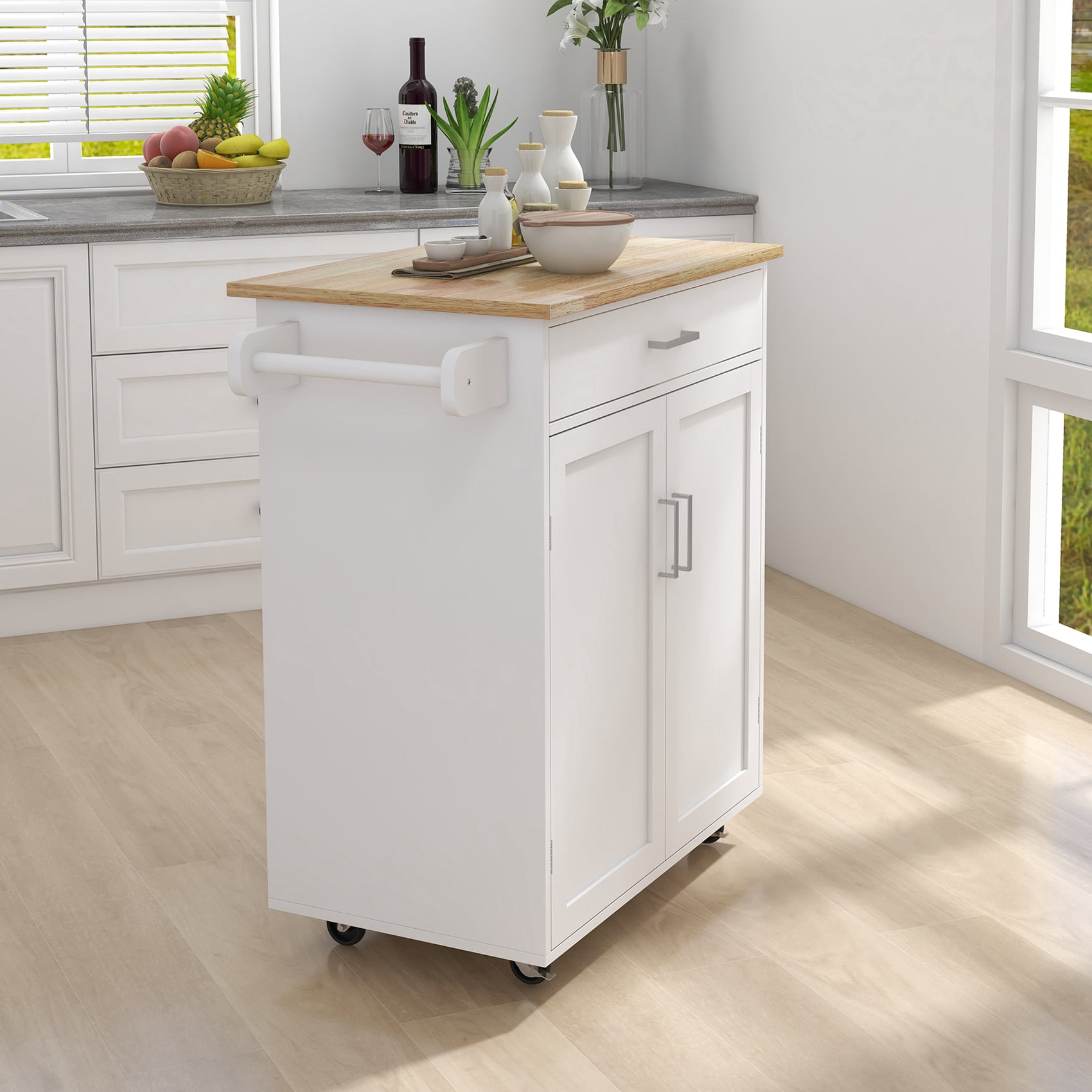 Small Kitchen Island on Wheel with Storage, Rolling Kitchen Island Cart with Drawer, Storage Cabinet and Rubber Wood Countertop, Rolling Trolley Cart with Towel Rack for Kitchen (White)