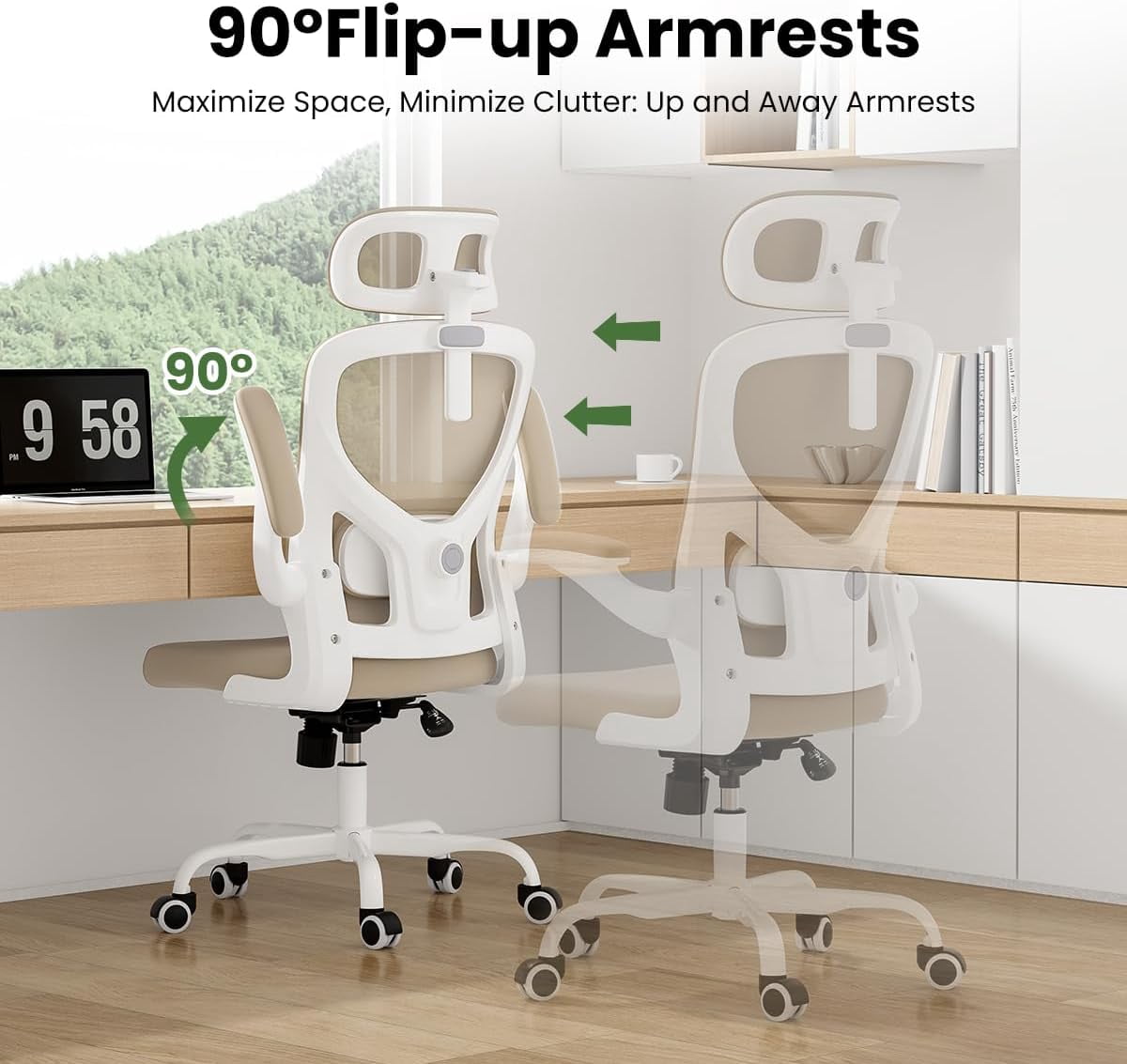 STARY Ergonomic Office Chair, Computer Chair with Adjustable Lumbar Support, Flip-up Arms and Headrest, Breathable Mesh Desk Chair for Home Office, White & KAKI