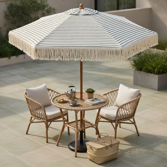 7 ft Boho Patio Umbrella with Fringe & Cotton Tassels, Striped Sun Shade for Deck, Pool & Beach, Green