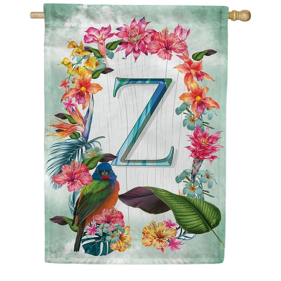 America Forever Summer Floral Wreath Monogram House Flag Letter Z 28 x 40 inches Parrot Macaw Hibiscus Palm Leaves Double Sided Vertical Outdoor Yard Lawn Decorative Tropical House Flag