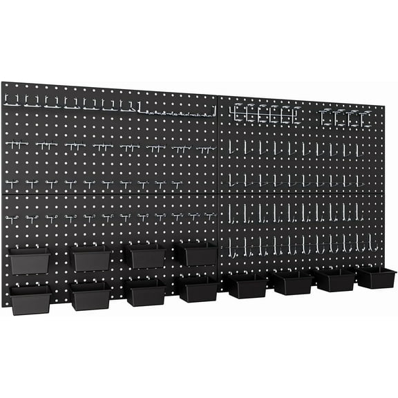 158PCS Metal Pegboard Wall Organizer, 48x24 Inch Black Pegboard Panels Tool Organizer Kit with Accessories Hooks and Bins, Peg Board Utility Tool Storage for Garage Workbench Shed