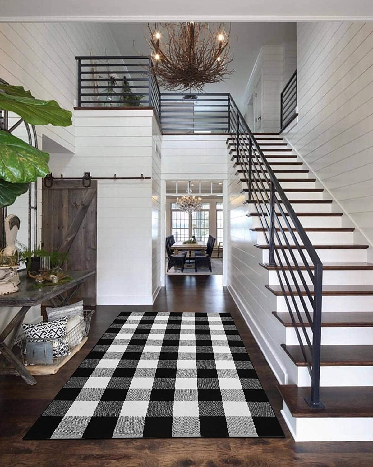 iOhouze Buffalo Plaid Outdoor Rugs Black and White 4'x6' Area Rug, Cotton Hand-Woven Washable Front Door Mat Indoor Outdoor Check Rugs for Front Porch Kitchen Entryway Patio Bathroom
