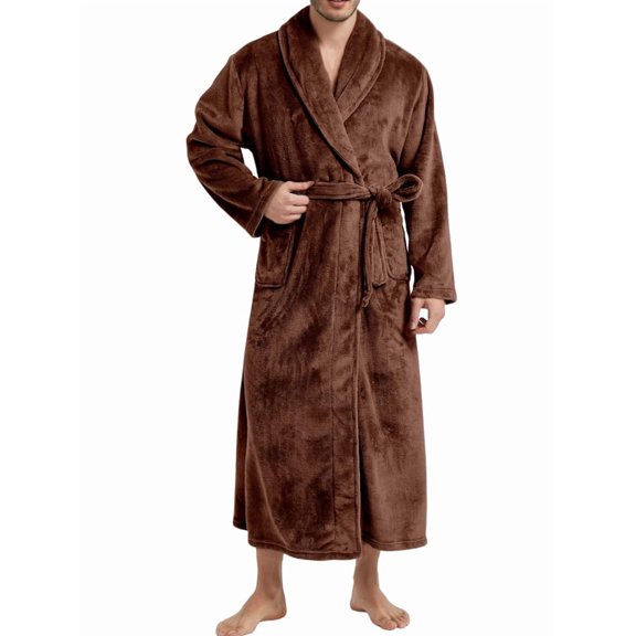 Man'S Shawl Collar Tie Waist Long Flannel Fleece Bathrobe Brown M