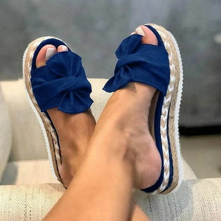 

XIAQUJ Breathable Toe Women s Summer Weave Flat Beach Shoes Open Slip on Sandals Bow Women s Sandals Sandals for Women Blue 9(41)
