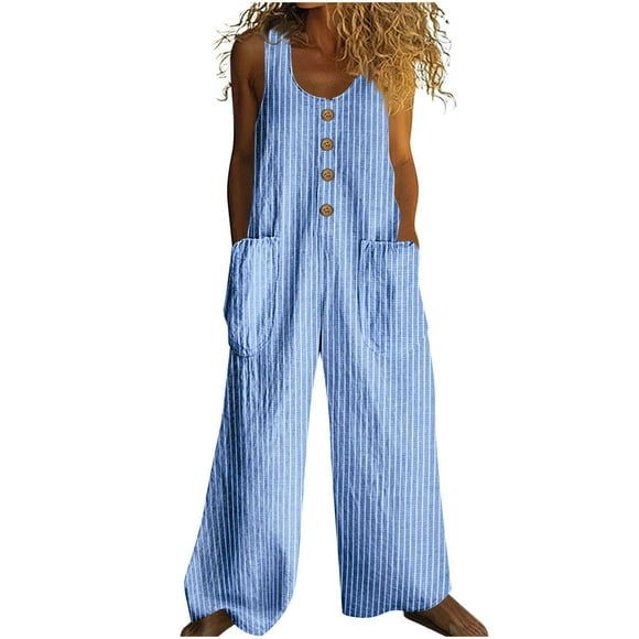 Bwiyojiz Sizes S-XXL 60%Cotton,40%Linen Jumpsuit Women’s Solid Summer and Linen Button with Pocket Comfortable Plain Sleeveless Casual Wide Leg Romper, Gifts for Family, Light Blue