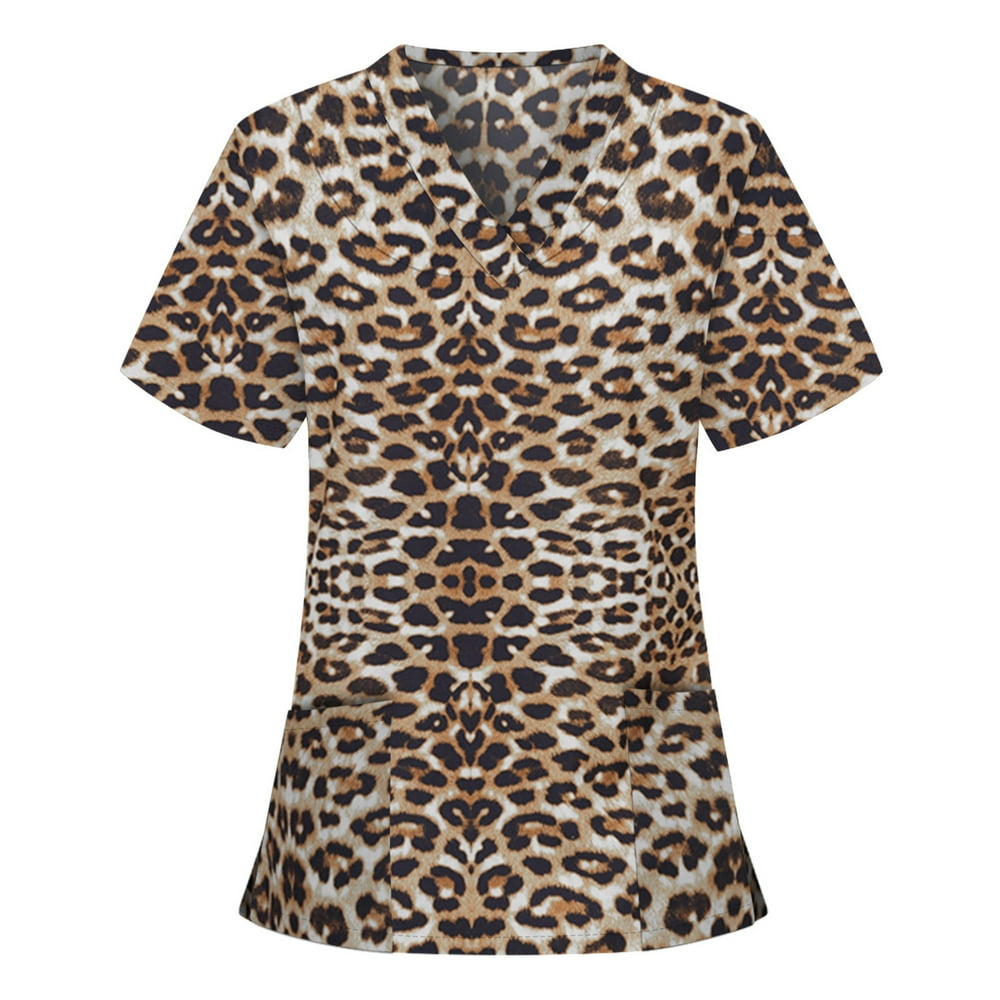 Aimik Aimik Women Leopard Printed Nurse Scrubs Tops Short Sleeve V